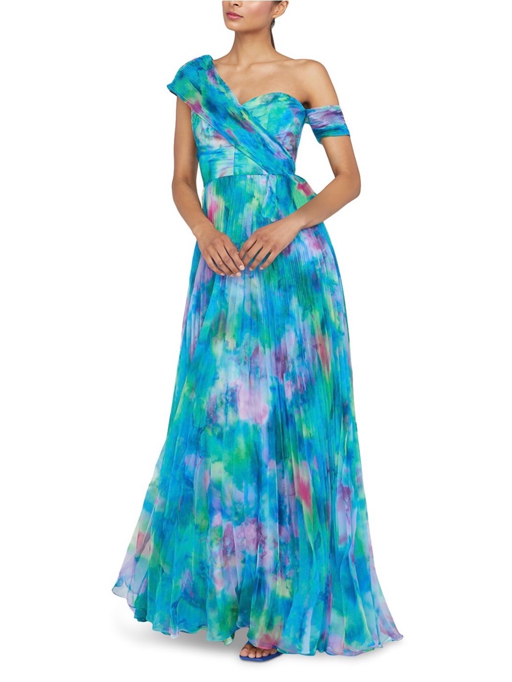 NWT Theia Davina Printed Pleated Assymetric Gown Aquatic Blue Size 4